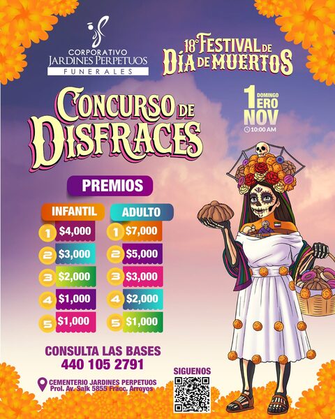 Cartel del concurso de disfraces con la lista de premios en las categorías infantil y adulto