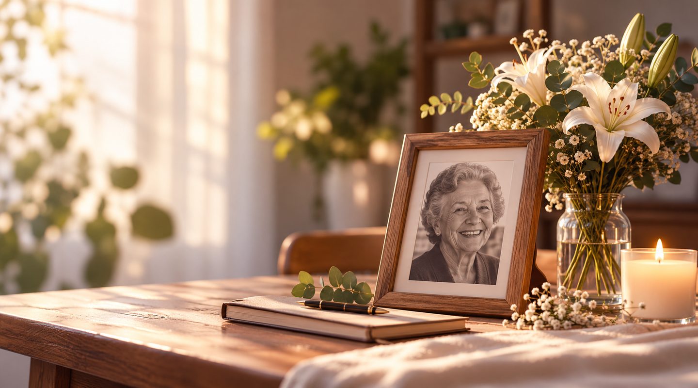 Retrato enmarcado de una señora sonriente sobre una mesa de madera, junto a un cuaderno, un ramo de lirios y una vela encendida