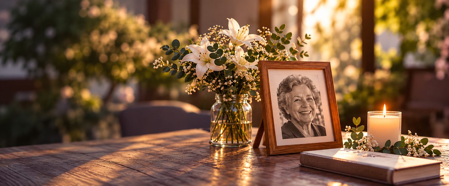 Mesa con un retrato enmarcado de una señora sonriente, un ramo de lirios blancos y una vela encendida al atardecer