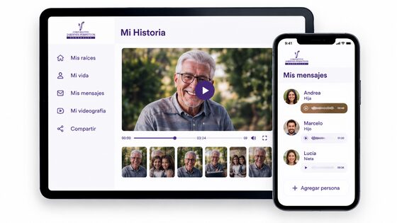Mausoleo Digital abierto en una tableta, con el video «Mi historia», y en un teléfono, con los mensajes grabados para Andrea, Marcelo y Lucía