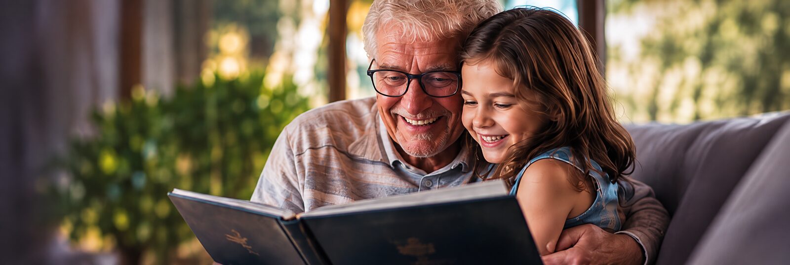 Un abuelo y su nieta miran juntos un álbum de fotografías, sonriendo
